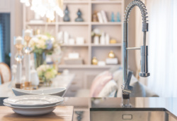 A shiny kitchen faucet stands over a sink, centered on a countertop with stacked plates. In the background, a blurred dining area features flowers and a neatly arranged bookshelf.